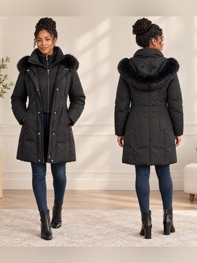 T Tahari Black Down Puffer Coat Faux Fur Hood Long Winter Parka S